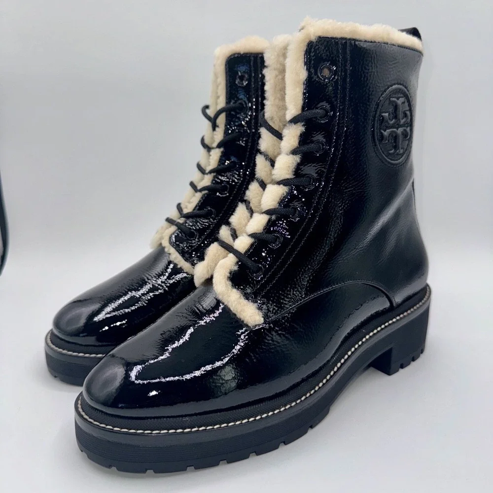 Tory‎ Burch Miller Shearling Boots Women's Size 8.5 Black Patent Leather